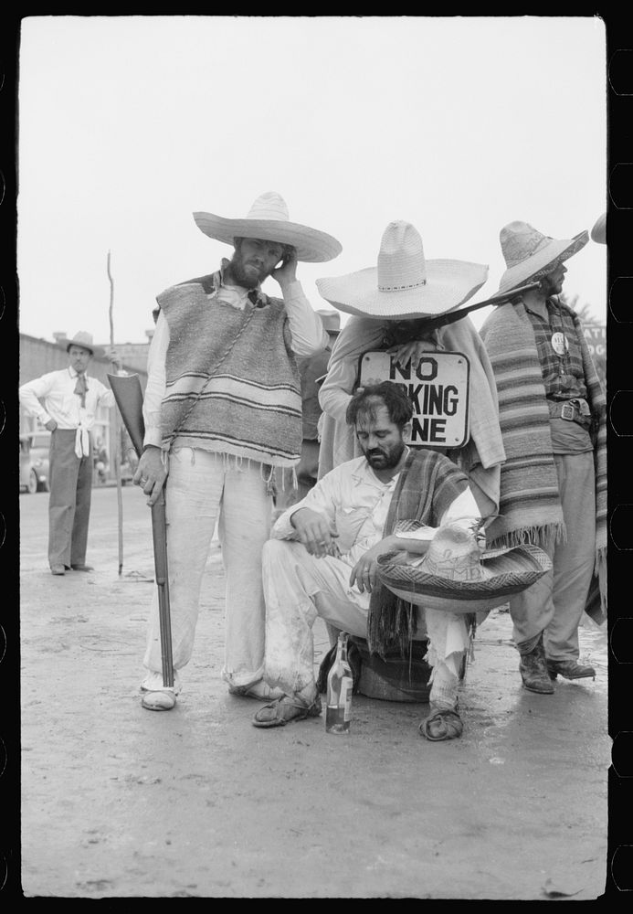 [Untitled photo, possibly related to: Bandidos. Local businessmen playact as drunken Mexicans, Brownsville, Texas, Charro…