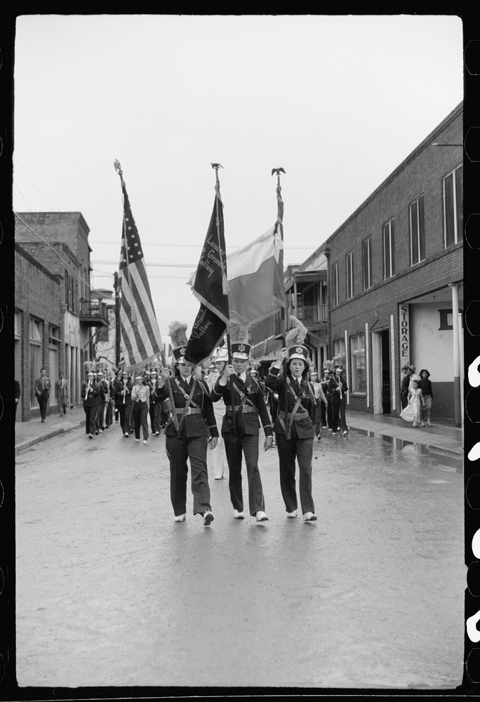 High school band, Charro Days parade, Brownsville, Texas. Sourced from the Library of Congress.