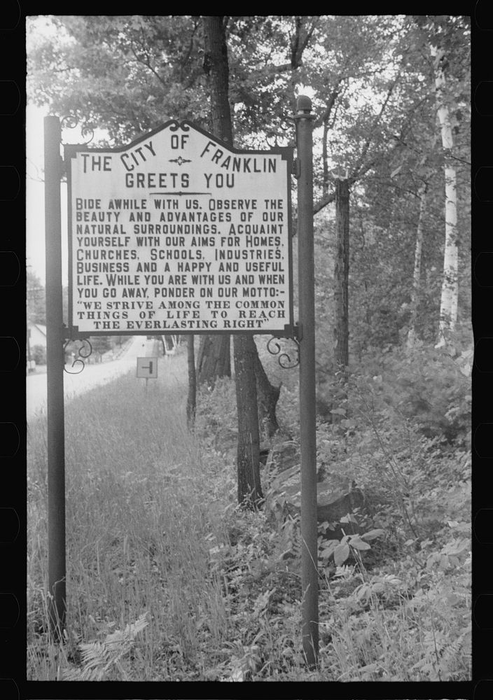 Sign entering Franklin, New Hampshire. Sourced from the Library of Congress.