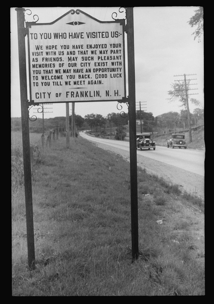 Sign on city limits of Franklin, New Hampshire. Sourced from the Library of Congress.
