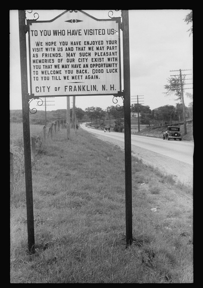 [Untitled photo, possibly related to: Sign on city limits of Franklin, New Hampshire]. Sourced from the Library of Congress.