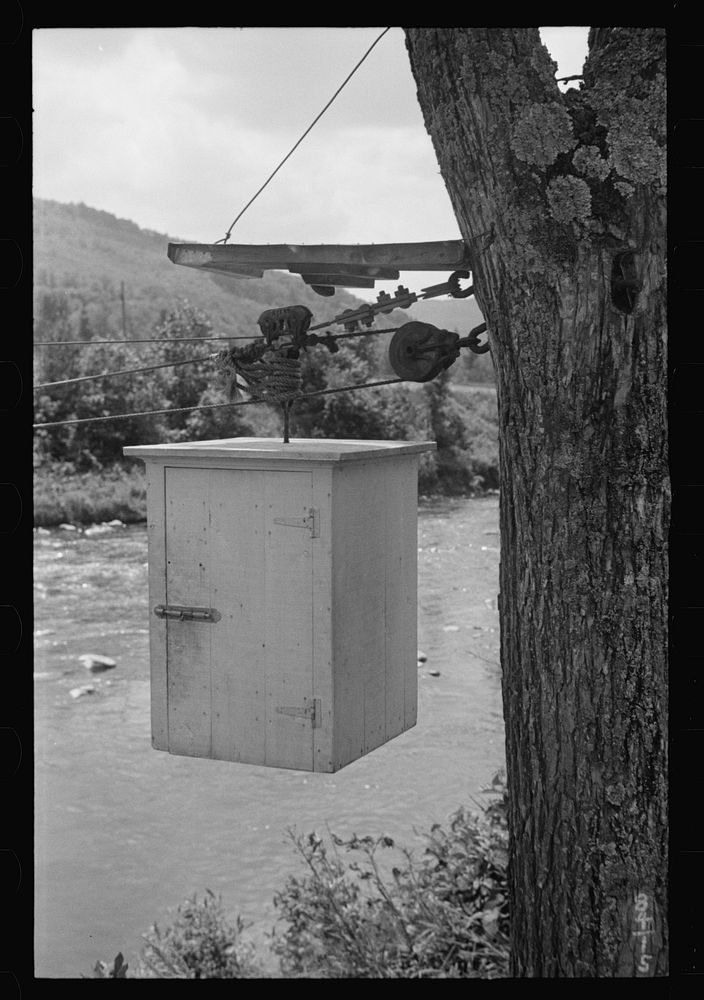 Near Woodstock, Vermont, mail box on pulley for people who live across the creek. Sourced from the Library of Congress.