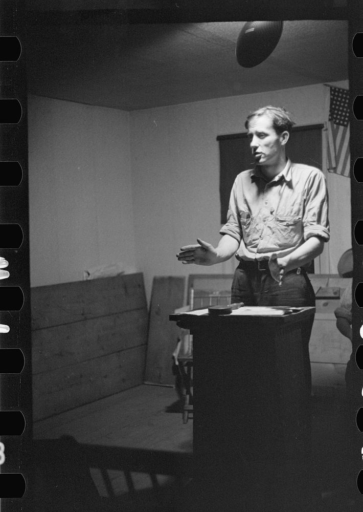 [Untitled photo, possibly related to: Leif Dahl, organizer of agricultural workers union speaking at union meeting in…