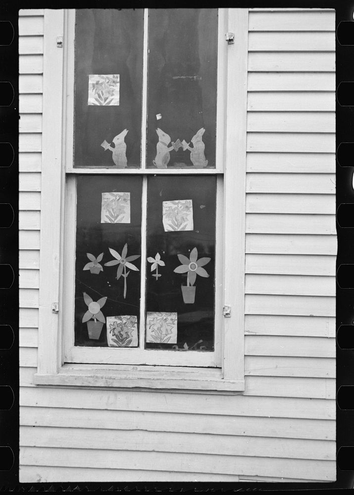 Children's art work in window of school, Jackson, Ohio. Sourced from the Library of Congress.