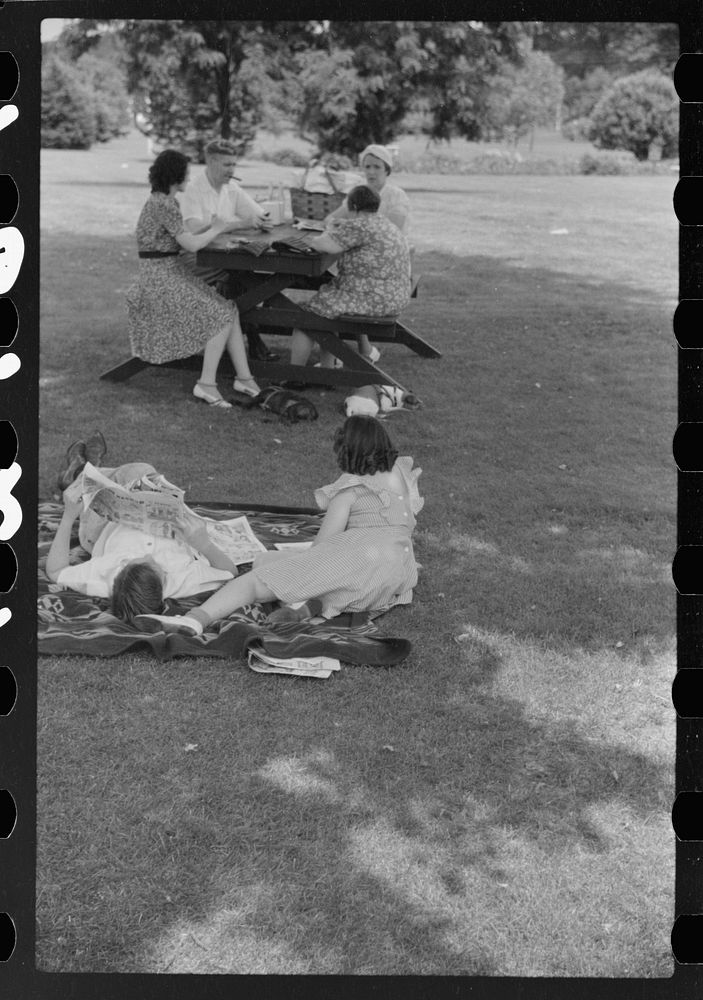 [Untitled photo, possibly related to: Bridge game following Sunday afternoon picnic. Vincennes, Indiana]. Sourced from the…