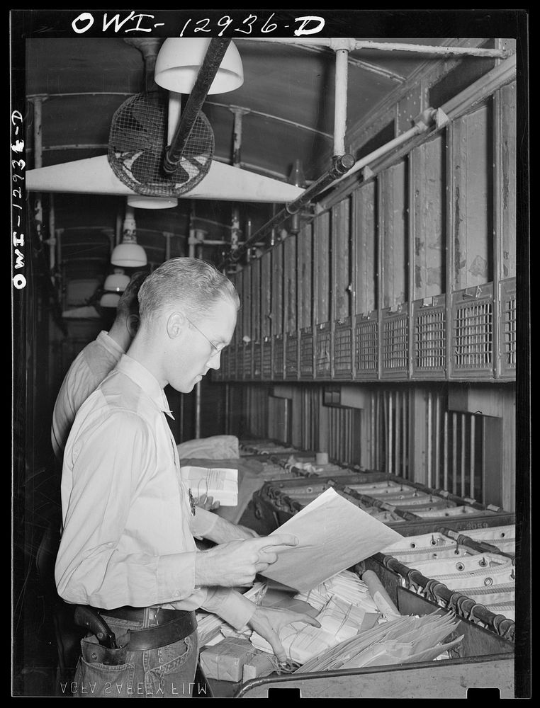Handling mail on board a mail car. Sourced from the Library of Congress.