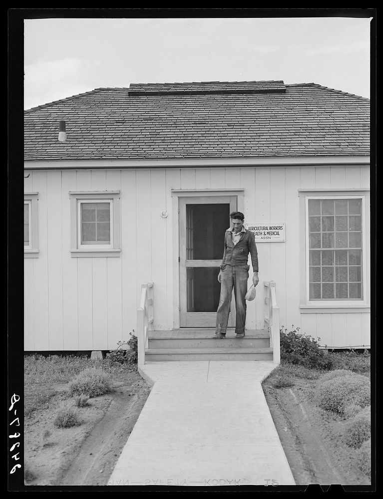 Patient leaving health clinic. Shafter migrant camp. Shafter, California. Sourced from the Library of Congress.