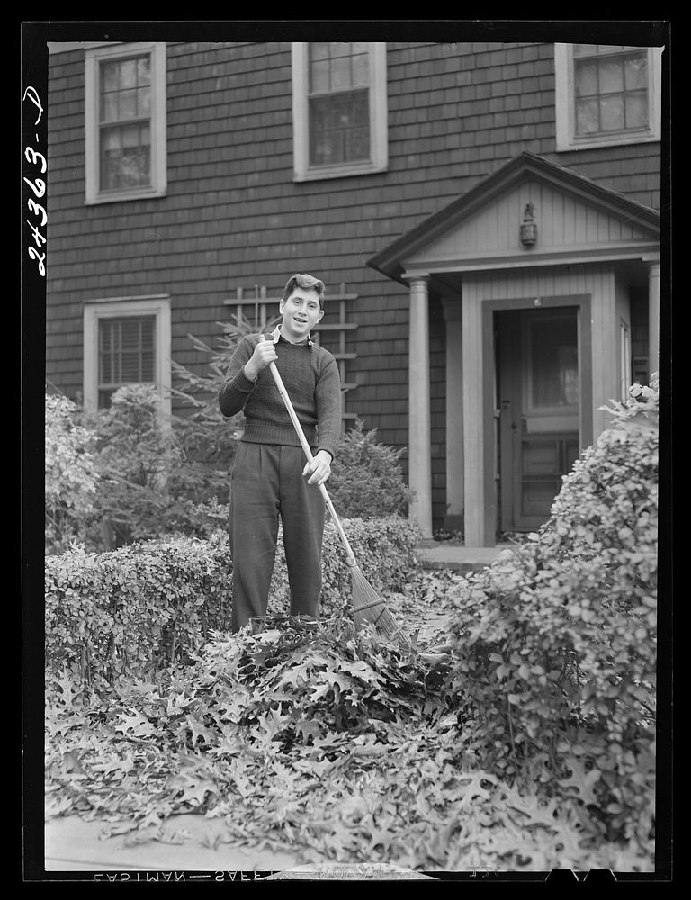 [Untitled photo, possibly related to: Sweeping fallen leaves in the suburbs. New York City]. Sourced from the Library of…