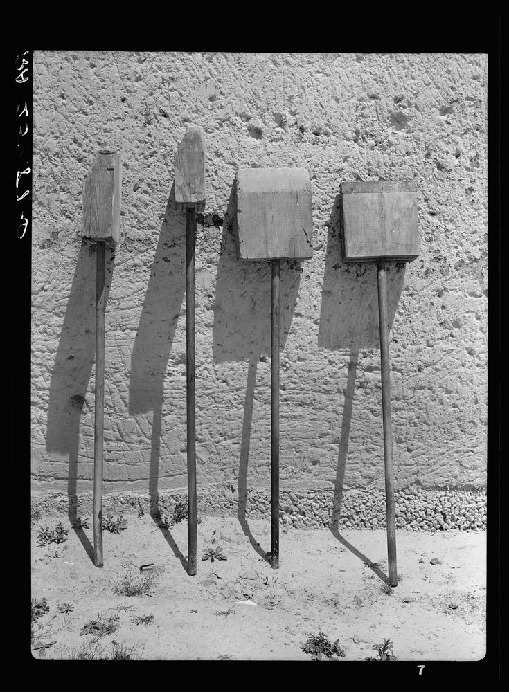 Tampers used in rammed earth construction. Gardendale Homesteads, Alabama. Sourced from the Library of Congress.