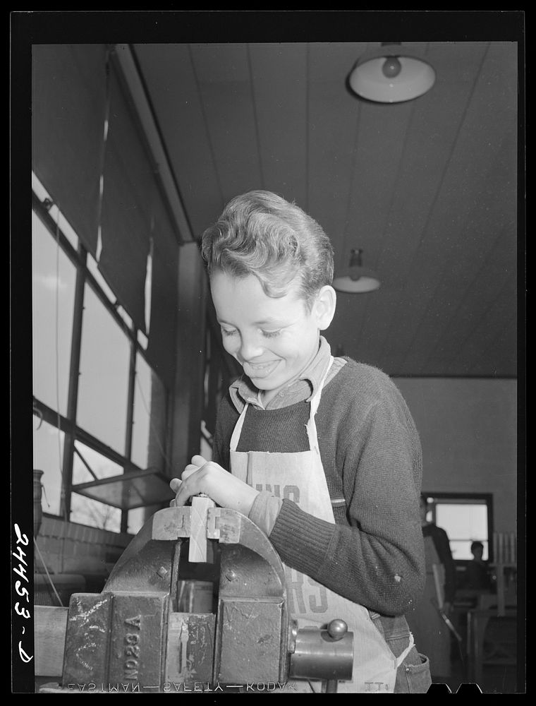 Boy in shop class. Homestead school, Dailey, West Virginia. Sourced from the Library of Congress.
