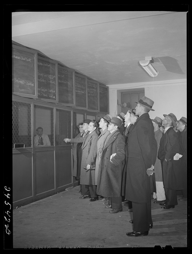Seamen in hiring hall, National Maritime Union. New York City, New York. Sourced from the Library of Congress.