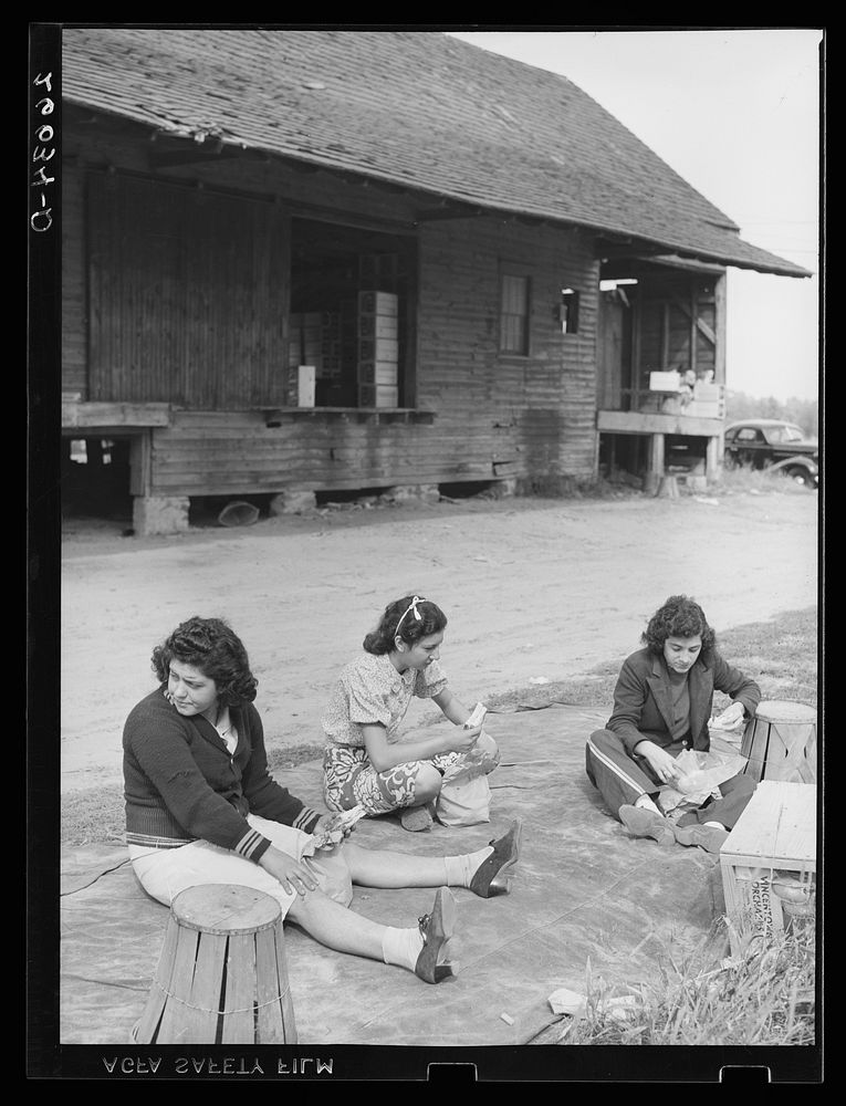 Girls who work in apple packinghouse eating lunch. Some of these girls are migratory workers and others come from nearby…