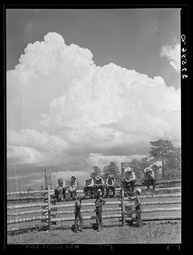 Cowhands and dude girls at Three Circle roundup. Custer National Forest, Montana. Sourced from the Library of Congress.