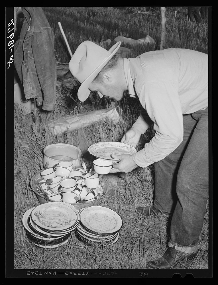 Hungry cowhands eat plates clean. Quarter Circle 'U' Ranch roundup. Big Horn County, Montana. Sourced from the Library of…