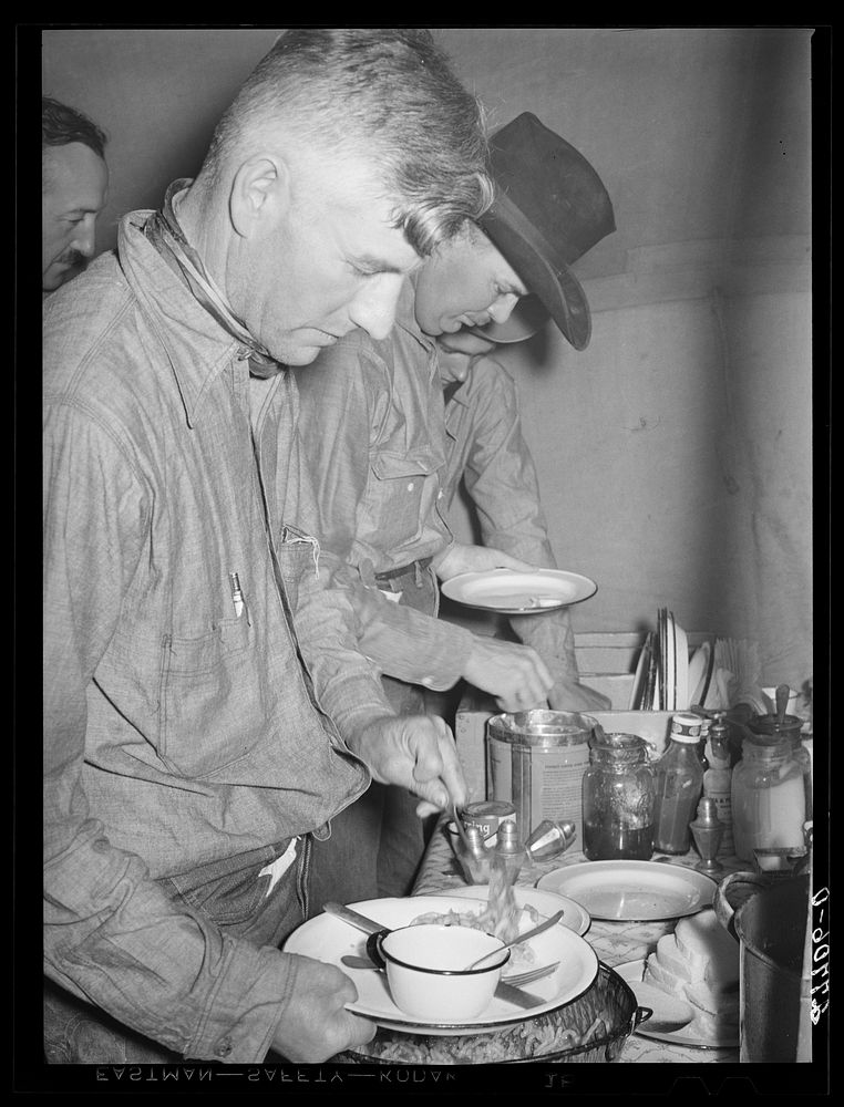 [Untitled photo, possibly related to: Cowhand at dinner. Quarter Circle 'U' ranch roundup. Big Horn County, Montana].…