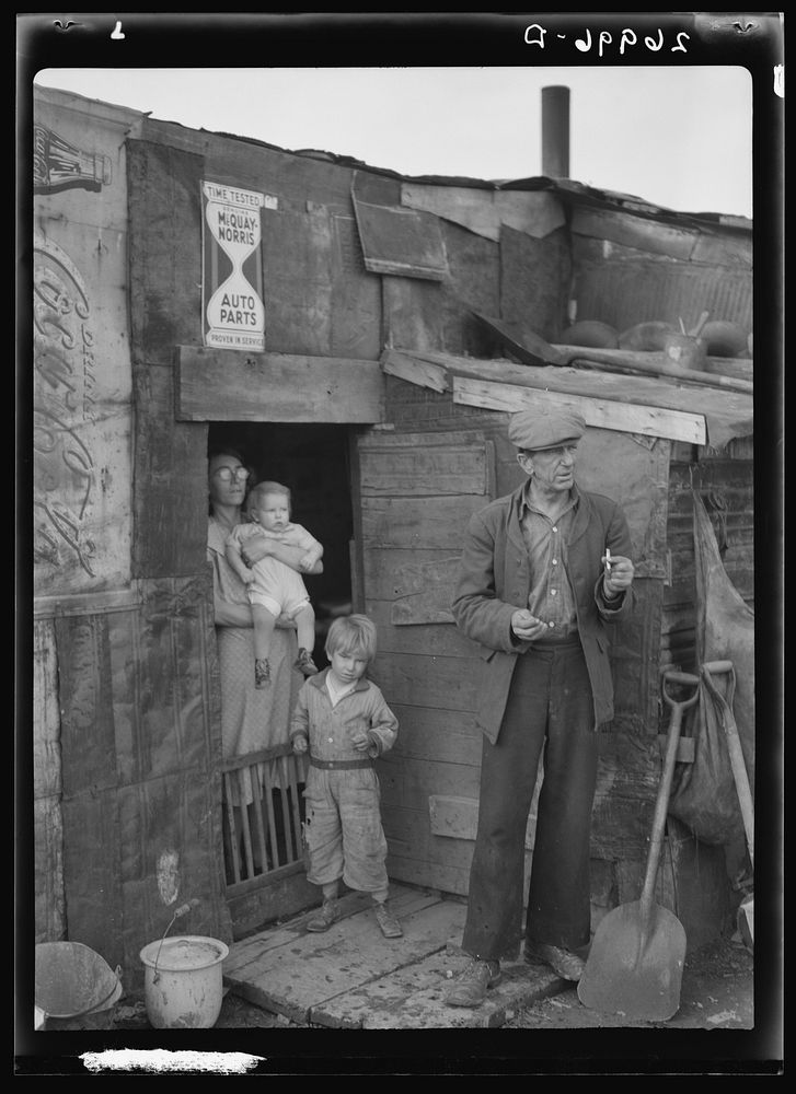 Family on relief living in shanty on city dump. Herrin, Illinois. Sourced from the Library of Congress.