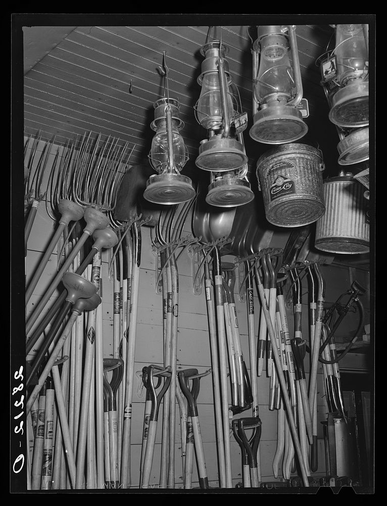 Farm tools in hardware store. Grundy Center, Iowa. Sourced from the Library of Congress.