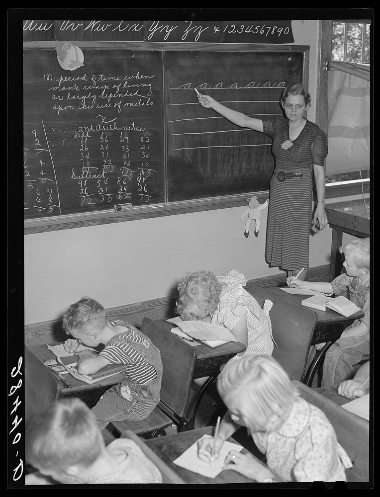 Louis Slinker and some of her pupils in one-room schoolhouse in Grundy County, Iowa. Sourced from the Library of Congress.