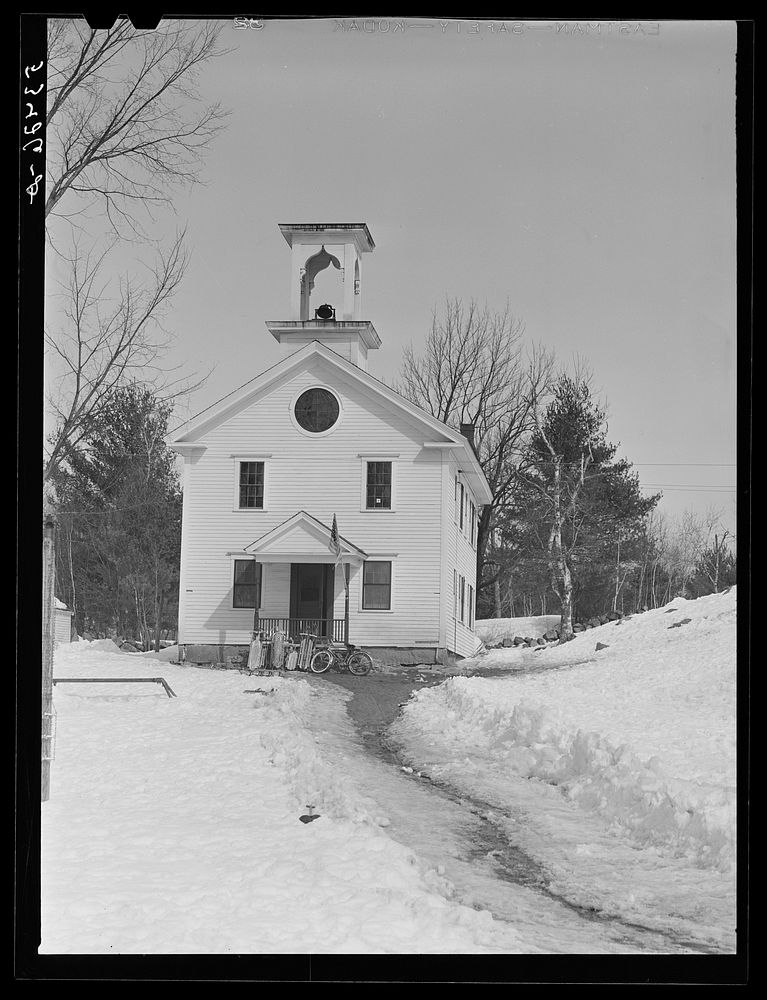 School with children's sleds and skies parked outside Center Sandwich, New Hampshire. Sourced from the Library of Congress.