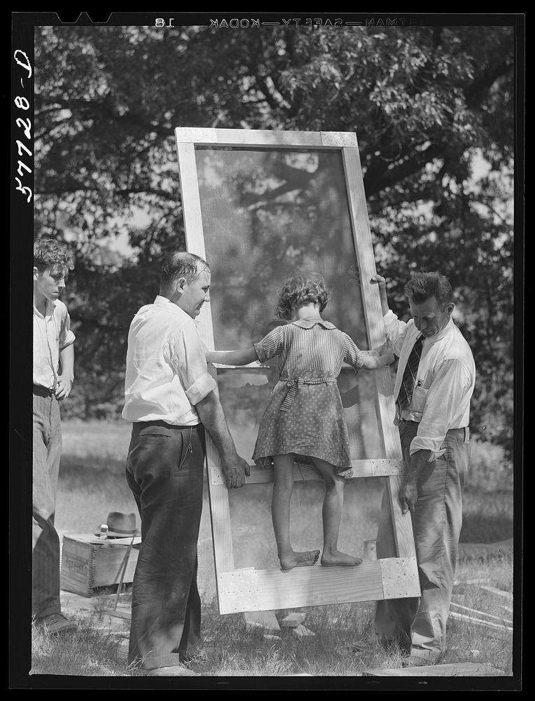 [Untitled photo, possibly related to: Testing a home-made screen for strength. Screening demonstration. Charles County, La…