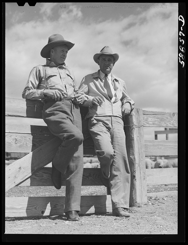 "Doc" Conway, rancher from Craig, Colorado, talking to Beckman, commission merchant from Denver stockyards, by livestock…