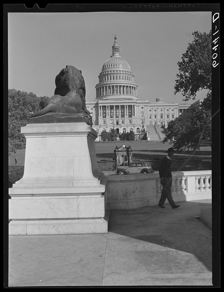 View of U.S. Capitol and lion at General Grant's monument. Washington, D.C.. Sourced from the Library of Congress.