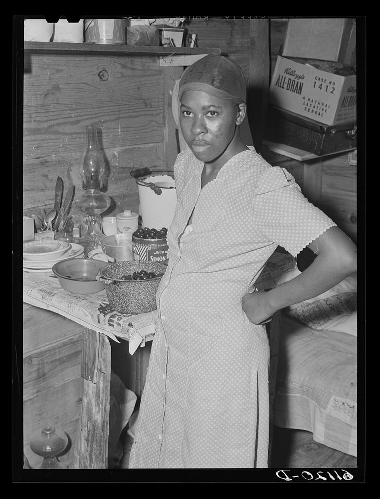 Wife of migrant fruit picker. They live in a one-room windowless shack on property of grower. Berrien County, Michigan.…