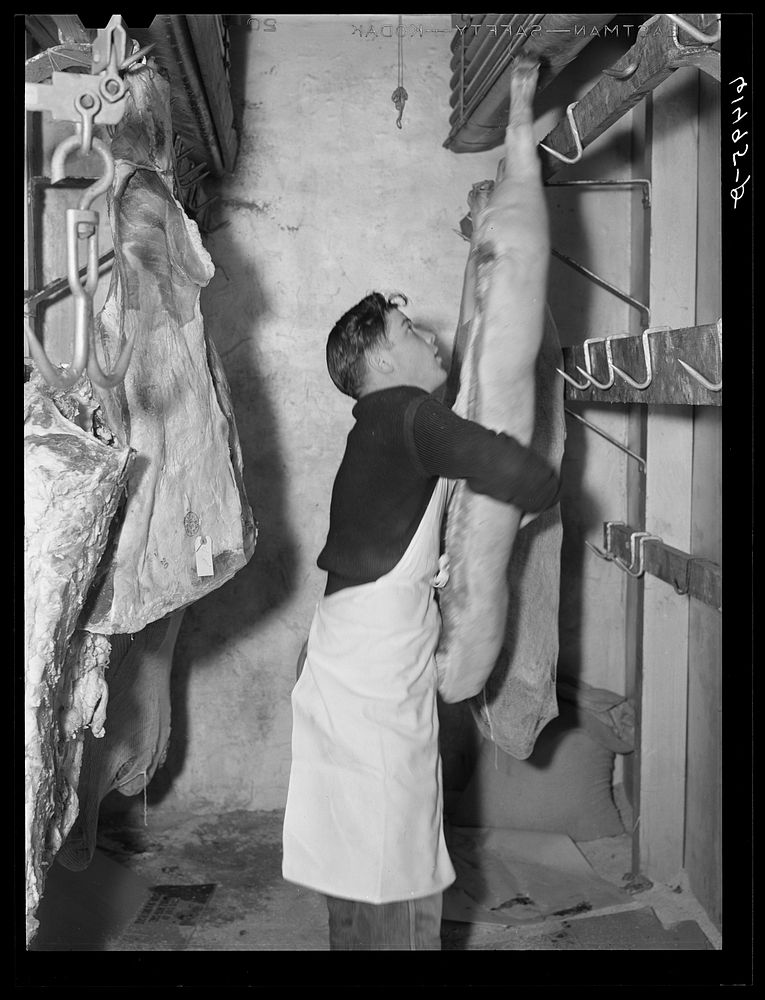 Meats are hung in chilling room when first brought in, then cut into roasts, etc., and frozen. Cold storage lockers…