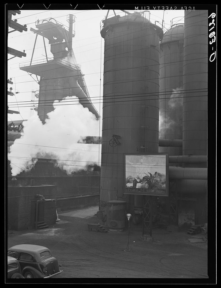 "Peace be unto you" sign at steel plant. Birmingham, Alabama. Sourced from the Library of Congress.