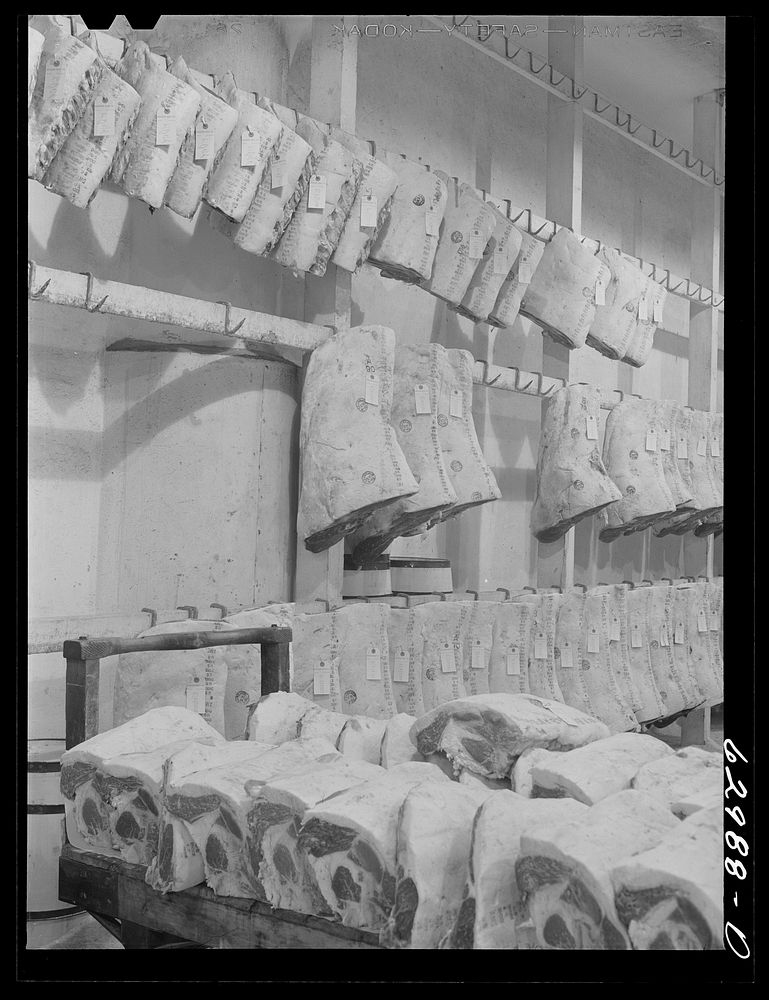 [Untitled photo, possibly related to: Meat in cold storage at Davidson Meat Company, suppliers of hotels, restaurants, etc.…