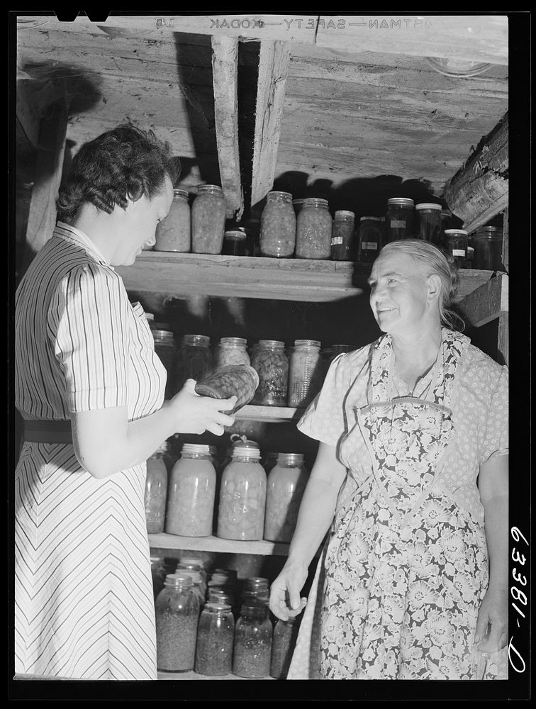FSA (Farm Security Administration) borrower showing canned goods to home supervisor. Mille Lacs County, Minnesota. Sourced…