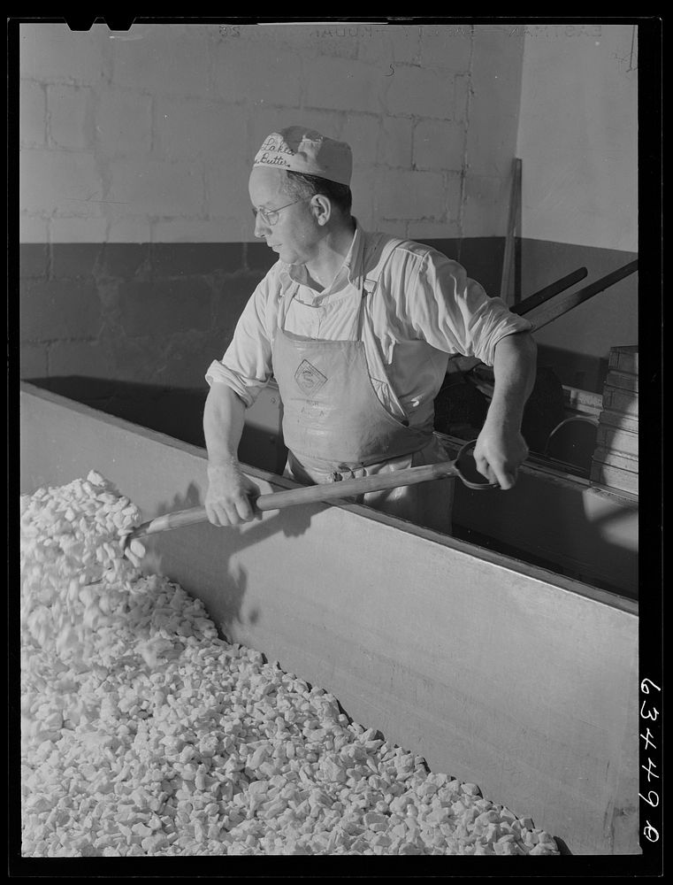 Mixing the curd. American Cheese plant, Antigo, Wisconsin. Sourced from the Library of Congress.