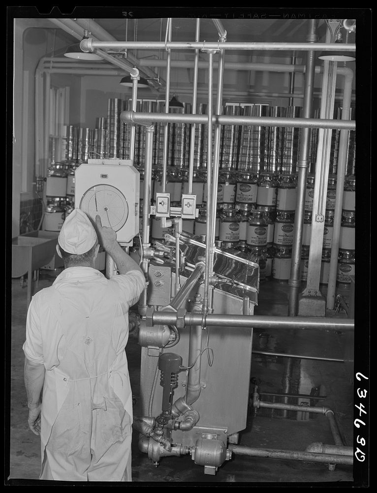 Checking temperature of milk being pasteurized. Antigo, Wisconsin. Sourced from the Library of Congress.