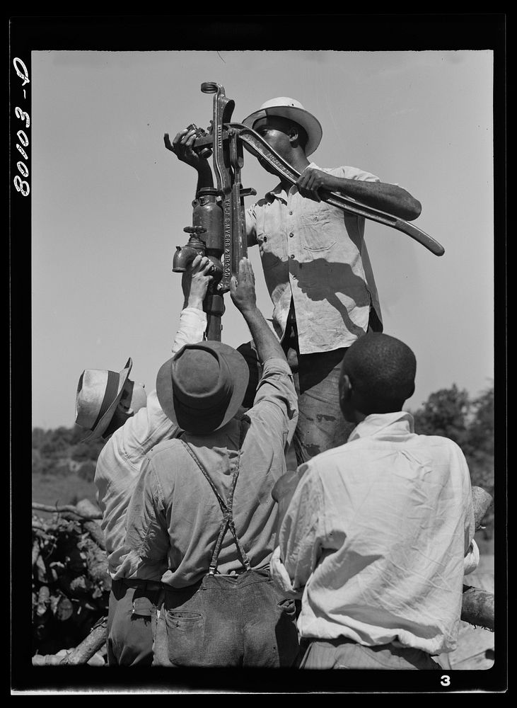 Attaching pump to drop pipe. Safe well demonstration near La Plata, Maryland. Charles County. Sourced from the Library of…