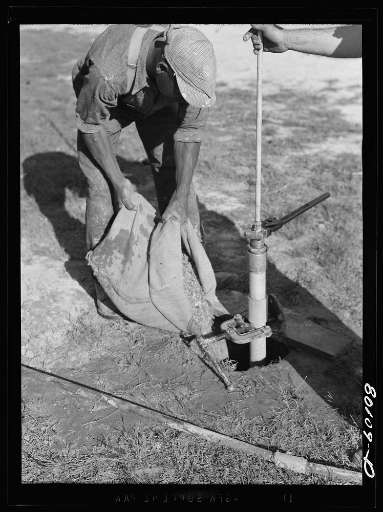 Placing small gravel in bore hole around well point. Safe well demonstration, Ridge, Maryland, Saint Mary's County. Sourced…