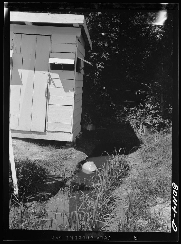 [Untitled photo, possibly related to: Drainage ditch runs under privy and down to house. Good drainage site for privy would…