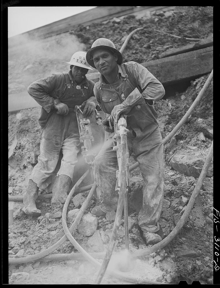 Douglas Dam, Tennessee. Tennessee Valley Authority (TVA). Jackhammer operator. Sourced from the Library of Congress.