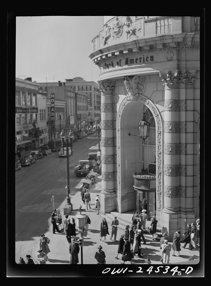 [Untitled photo, possibly related to: San Francisco, California. Entrance to the Bank of America]. Sourced from the Library…