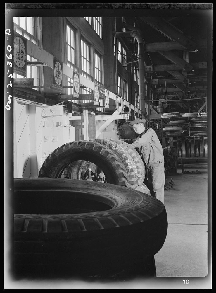 Holabird ordnance depot, Baltimore, Maryland. After having been repaired, tires which need only spot recapping are cured in…