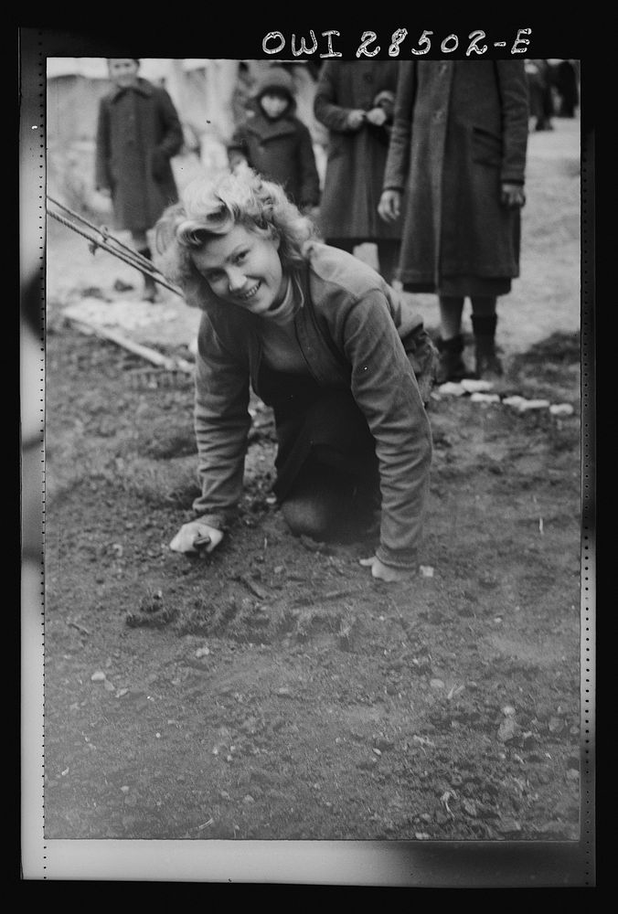 Teheran, Iran. Polish girl landscaping the patch of earth before her tent at an evacuation camp operated by the Red Cross.…