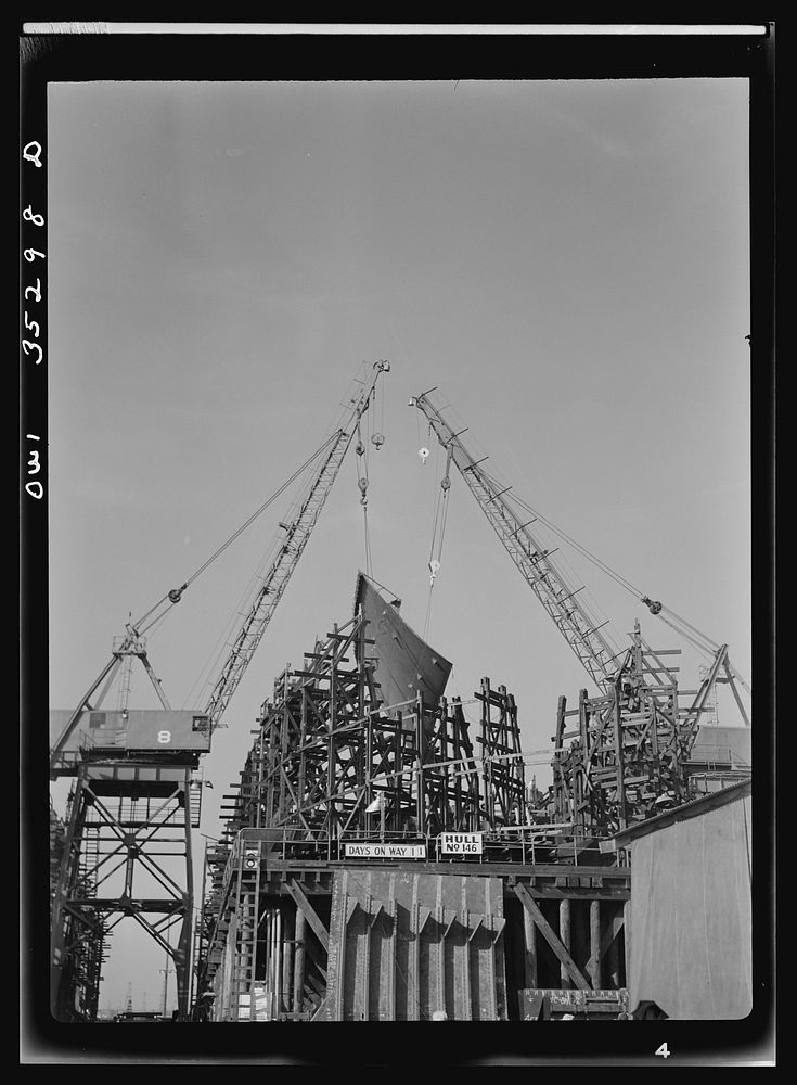 California shipbuilding yards, Terminal Island, California. Building Liberty ships. Sourced from the Library of Congress.