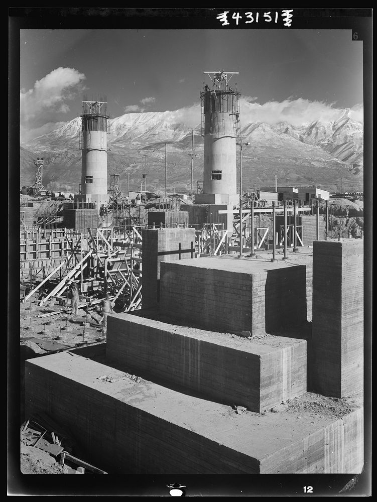 Columbia Steel Company at Geneva, Utah. Partly finished open hearth furnaces and stacks for a steel mill under construction…