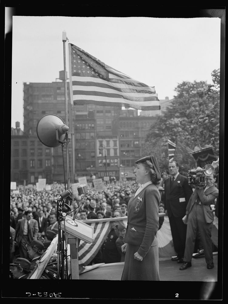 New York, New York. June 6, 1944. A woman addressing the crowd at the D-day rally at Madison Square. Sourced from the…