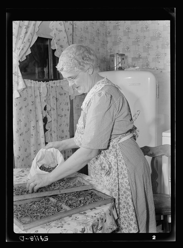 Mrs. Frank Rogers storing dried beans in muslin bags. Sourced from the Library of Congress.