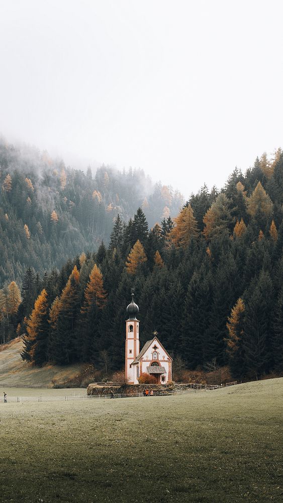 Nature phone wallpaper background, church by the forest in Italy