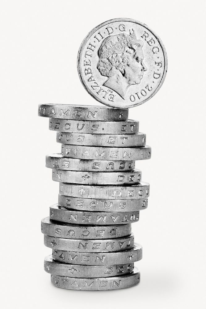 UK ten pence, silver coin stack, money isolated image on white background. Location unknown, 4 MAY 2017.