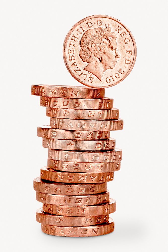 UK penny, coin stack, money isolated image on white background. Location unknown, 4 MAY 2017.