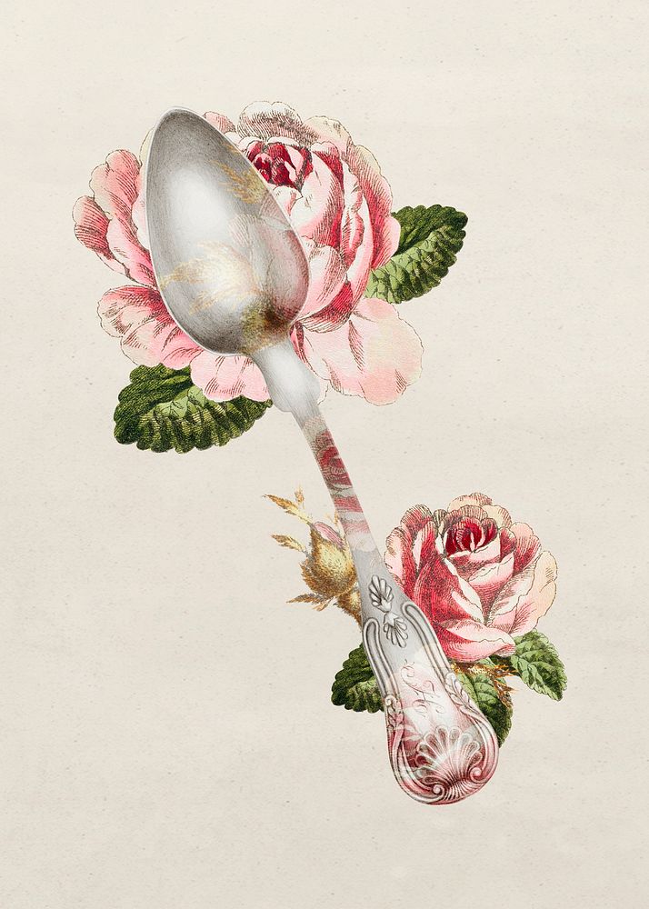 Vintage silver spoon psd with flower illustration, remixed from public domain collection