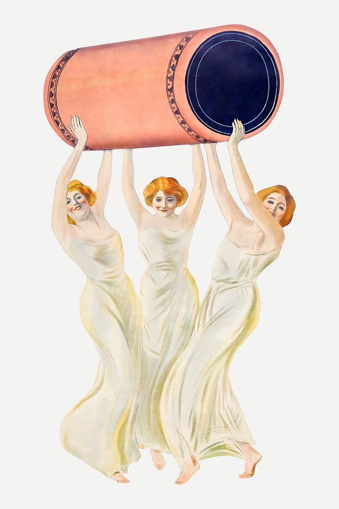 Women psd carrying pink blank pill print, remixed from artworks by Leonetto Cappiello