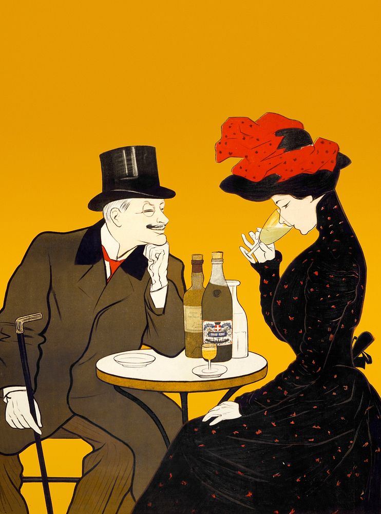 Man and woman at a cafe illustration, remixed from artworks by Leonetto Cappiello